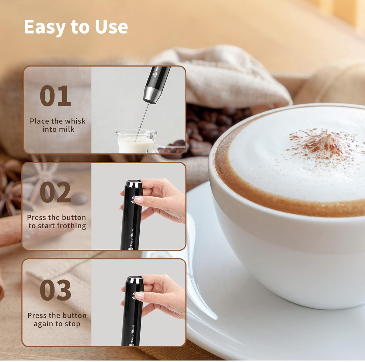 Maestri House Rechargeable Milk Frother with 3 Heads