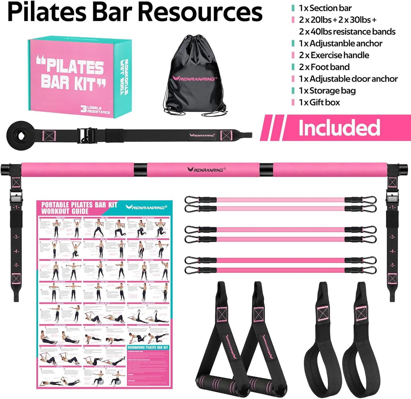 Pilates Bar Kit with Resistance Bands, Multifunctional Yoga Pilates Bar with Heavy-Duty Metal Adjustment Buckle for Women & Men, Home Gym Pilates Resistance Bar Kit forFull Body Workouts