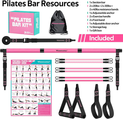 Pilates Bar Kit with Resistance Bands, Multifunctional Yoga Pilates Bar with Heavy-Duty Metal Adjustment Buckle for Women & Men, Home Gym Pilates Resistance Bar Kit forFull Body Workouts