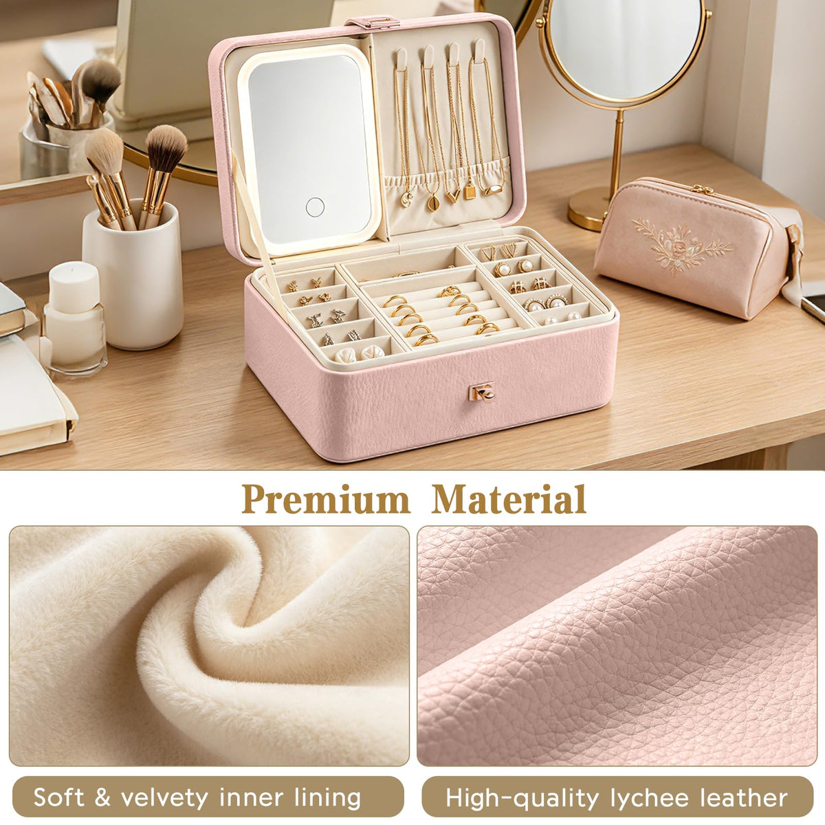 2-Layer LED Jewellery Box with Dimmable Mirror — Necklace Hanging Rail, Velvet-Lined Travel Organiser — image 25