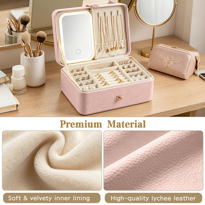 2-Layer LED Jewellery Box with Dimmable Mirror — Necklace Hanging Rail, Velvet-Lined Travel Organiser — image 25