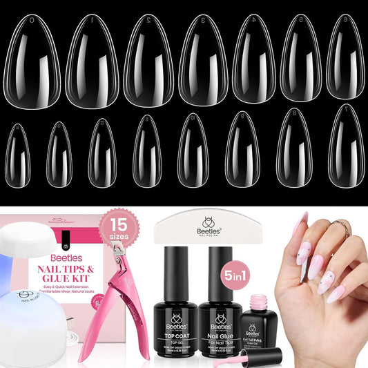 Beetles Easy Gel Tips Nail Extension Kit, 2 In 1 Nail Glue Gel Base Coat with Pre-shaped Medium Almond Nails and UV LED Nail Lamp Acrylic Nail Clipper for DIY Manicure