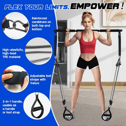 Pilates Bar Kit with 180LBS Resistance Bands(20,30,40 LB),21PCS Pilates Equipment Exercise Bar with Ab Roller, Portable Home Gym Fitness Pilates Bar for Women & Men