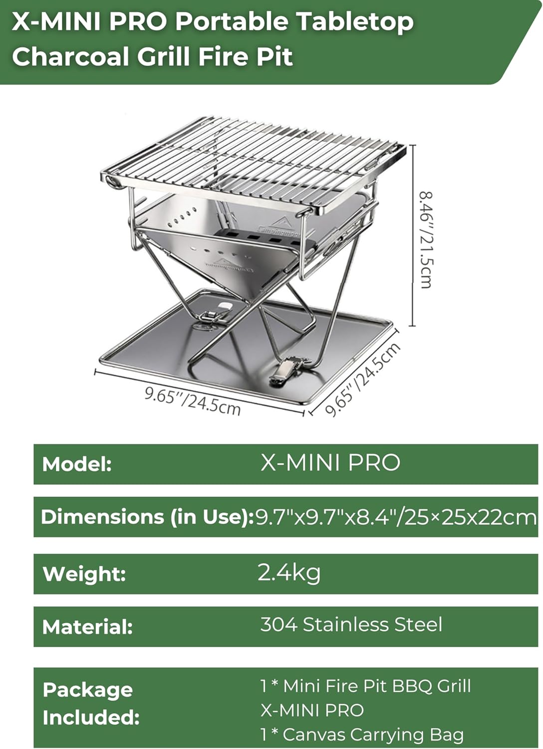 CAMPINGMOON Portable Charcoal Grill 9.65 Inch Stainless Stee