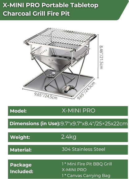 CAMPINGMOON Portable Charcoal Grill 9.65 Inch Stainless Stee
