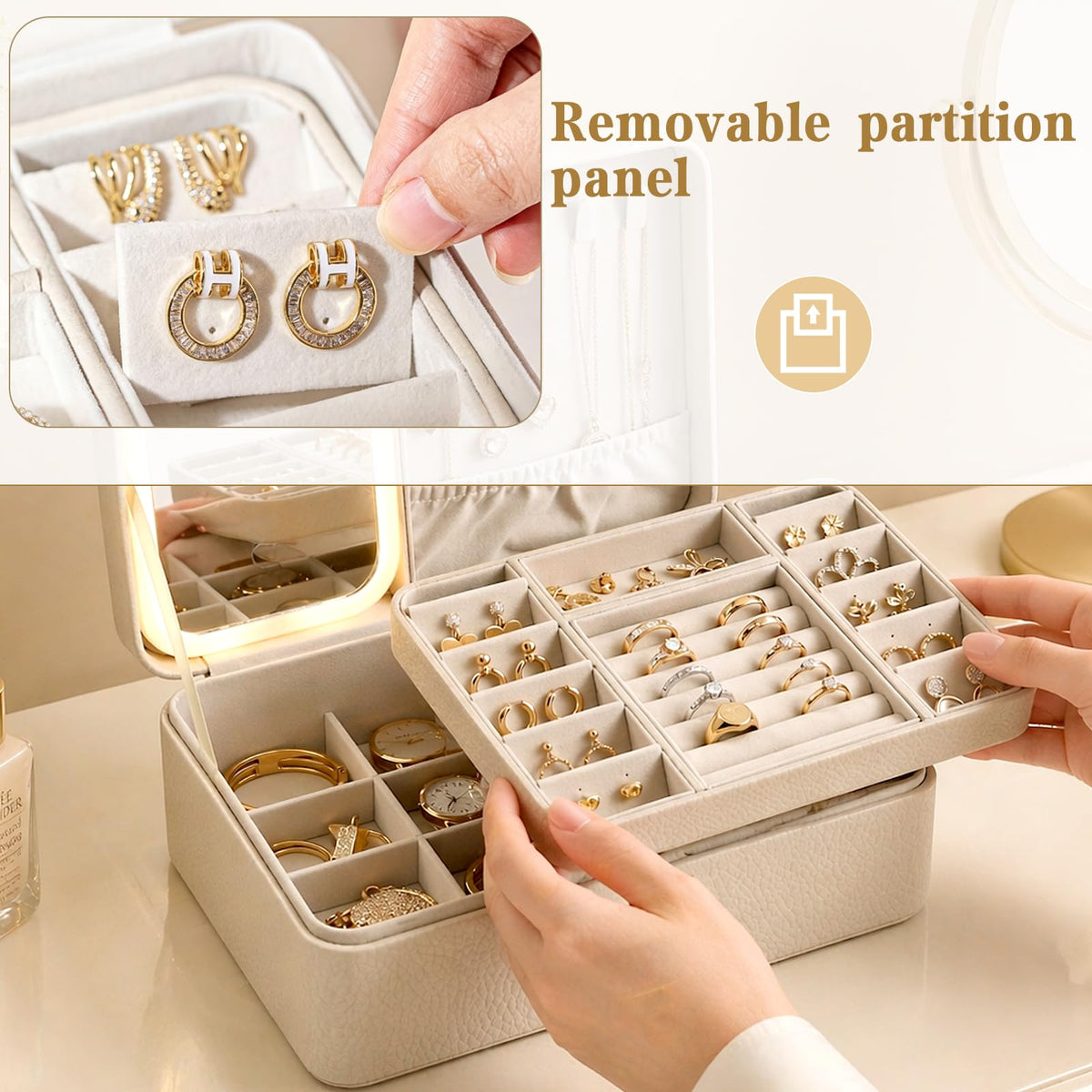 2-Layer LED Jewellery Box with Dimmable Mirror — Necklace Hanging Rail, Velvet-Lined Travel Organiser — image 13