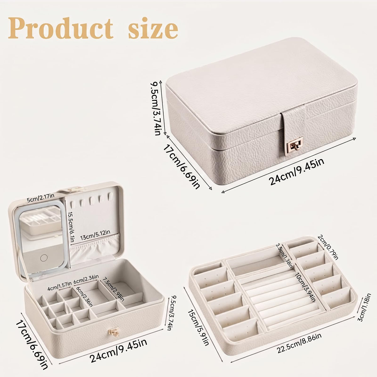 2-Layer LED Jewellery Box with Dimmable Mirror — Necklace Hanging Rail, Velvet-Lined Travel Organiser — image 9