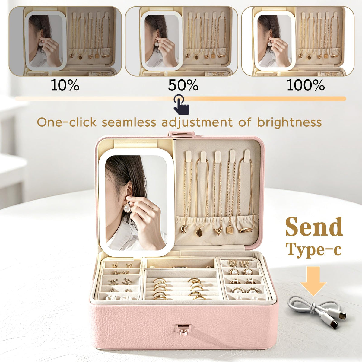 2-Layer LED Jewellery Box with Dimmable Mirror — Necklace Hanging Rail, Velvet-Lined Travel Organiser — image 24
