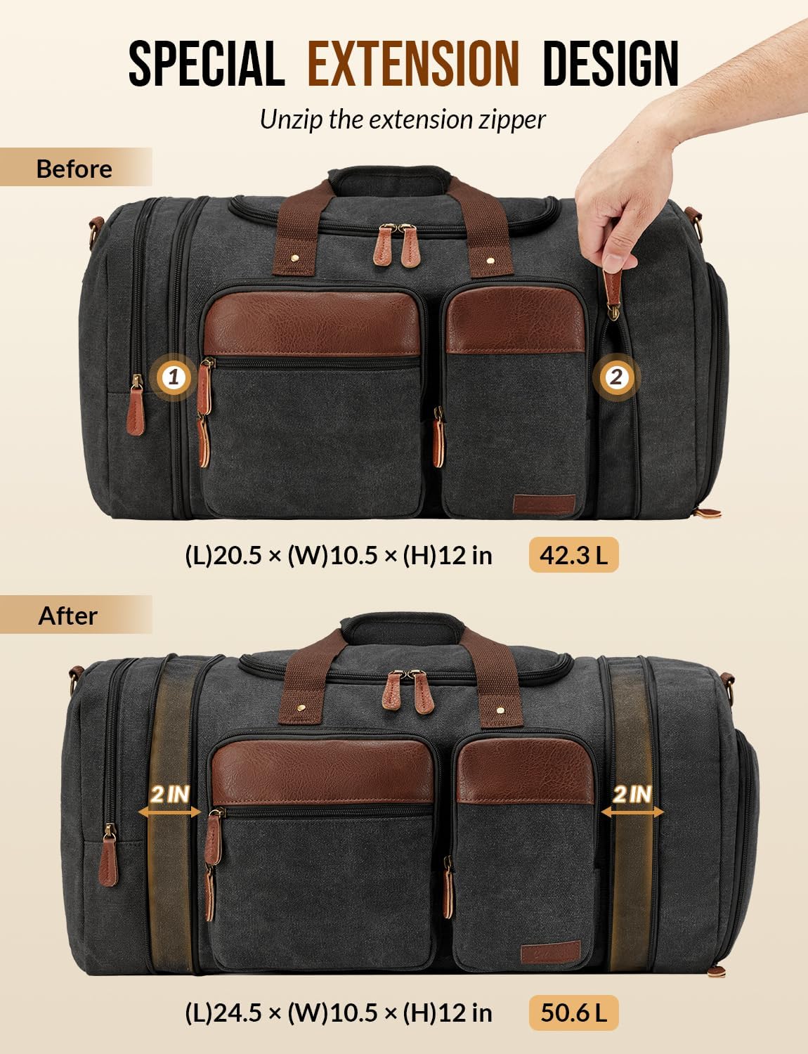 Canvas Duffle Bag for Travel 50L Expandable