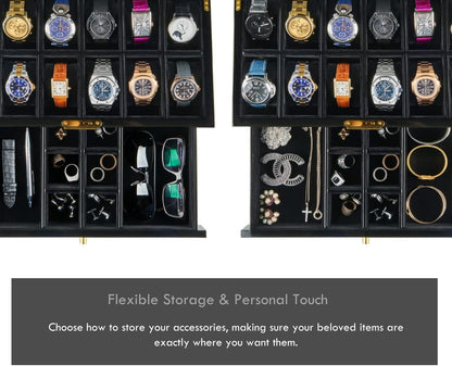 Luxury 12 Slot Watch Box Organizer, Glass Display and Metal Lock, Wide Compartments Fit Large Watches, Plush Velvet Lining, Men’s Jewelry Case, Black Piano Finish (Pearson Valet)