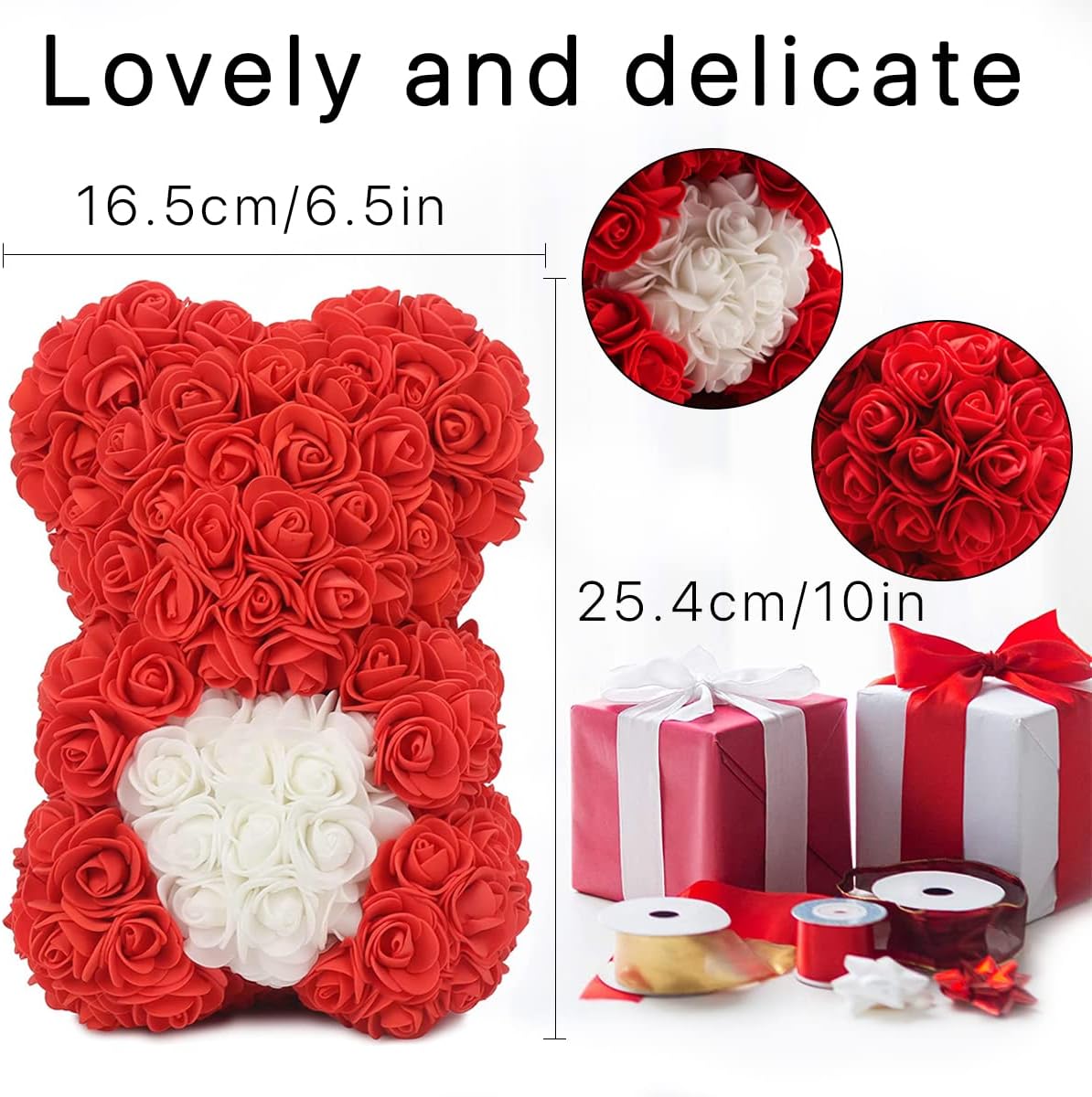 Flower Rose Bear Gifts for Mom Grandma on Mothers Day from Daughter, Artificial Rose Teddy Bear with box and balloons Gifts for Valentines Day Birthday Anniversary Presents for Her Wife Sister (Red)