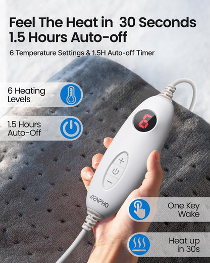 RENPHO Heating Pad, Electric Heat Pad for Back Pain and Cramps Relief, Mothers Day Gift, Birthday Gifts for Women Men, Fast Heated, Auto Shut Off, Machine Washable, Ultra-Soft 61x31cm Gray