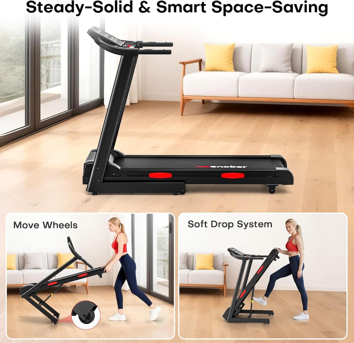 WENOKER treadmill folded upright, space-saving