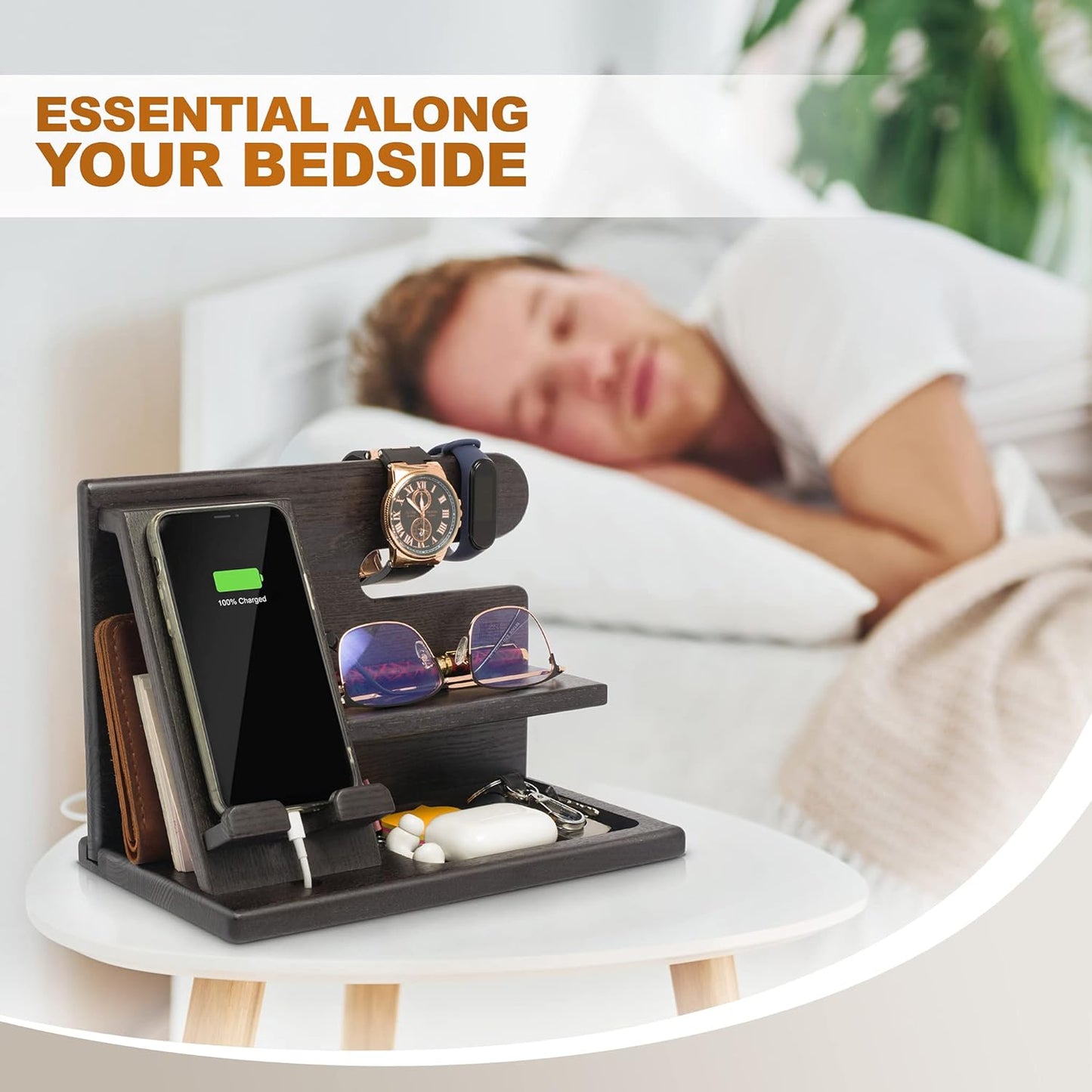 Wood Phone Docking Station - Nightstand Organizer - Desk Organizer for Husband - Gifts for Men, Dad - Idea for Anniversary from Wife - Key Holder - Stand Wallet & Watch (Beige)