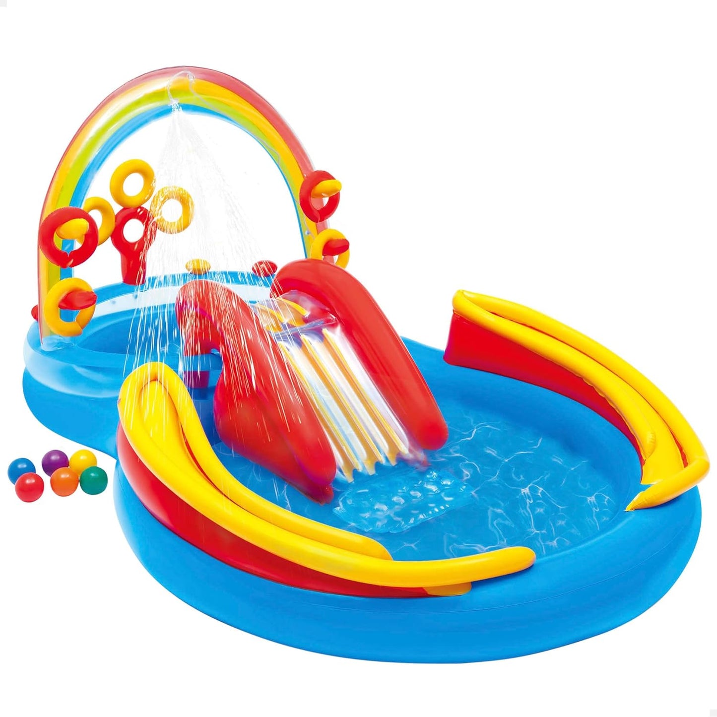 Intex Rainbow kids inflatable pool with water slide, overhead sprayer and ring toss game