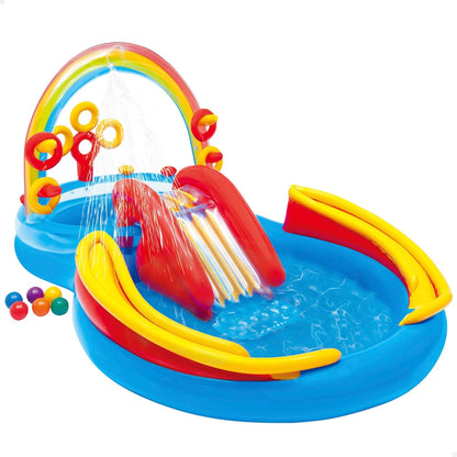 Intex Rainbow kids inflatable pool with water slide, overhead sprayer and ring toss game