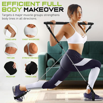 Pilates Bar Kit with Resistance Bands, Multifunctional Yoga Pilates Bar with Heavy-Duty Metal Adjustment Buckle for Women & Men, Home Gym Pilates Resistance Bar Kit forFull Body Workouts