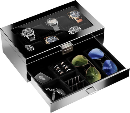Lacquered Finish Wooden Men's Jewelry Box, Watch and Sunglasses Box Organizer for Men, 2-Tier Watch Holder Display Cases with Clear Glass Top and Storage Drawer