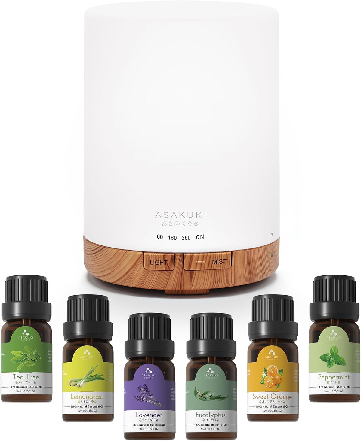 ASAKUKI 300ml Aromatherapy Oil Diffuser with 6Pcs*10ml Pure 