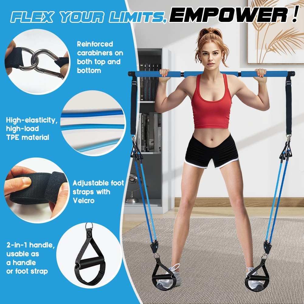 Pilates Bar Kit with 180LBS Resistance Bands(20,30,40 LB),21PCS Pilates Equipment Exercise Bar with Ab Roller, Portable Home Gym Fitness Pilates Bar for Women & Men