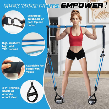 Pilates Bar Kit with 180LBS Resistance Bands(20,30,40 LB),21PCS Pilates Equipment Exercise Bar with Ab Roller, Portable Home Gym Fitness Pilates Bar for Women & Men