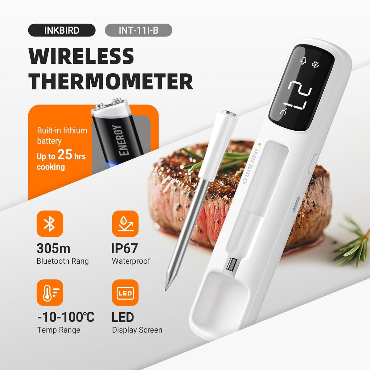 INKBIRD Mini Wireless Meat Thermometer INT-11I-B Bluetooth B