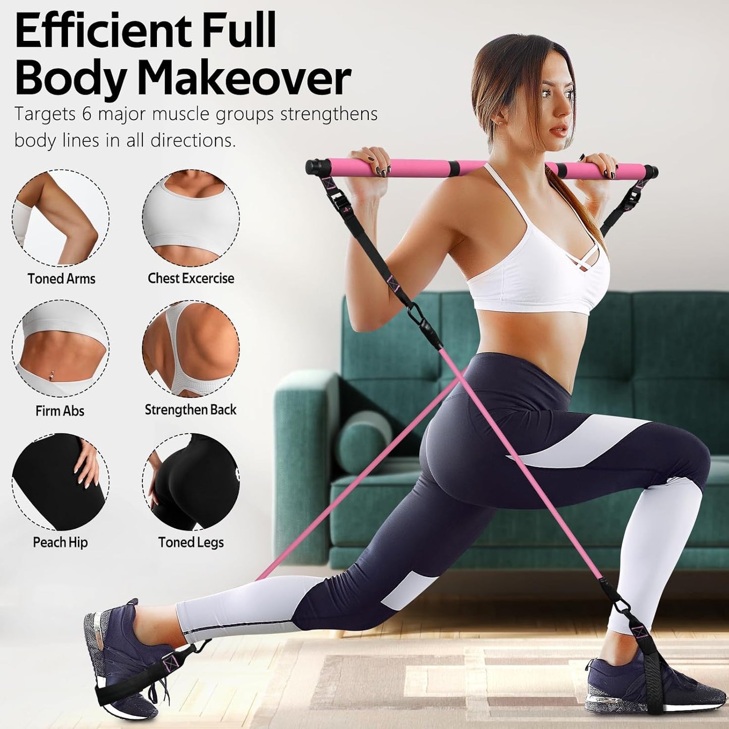Pilates Bar Kit with Resistance Bands, Multifunctional Yoga Pilates Bar with Heavy-Duty Metal Adjustment Buckle for Women & Men, Home Gym Pilates Resistance Bar Kit forFull Body Workouts