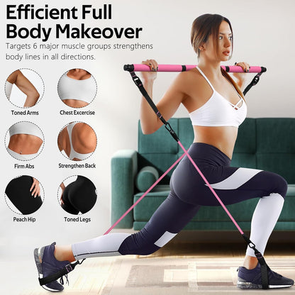 Pilates Bar Kit with Resistance Bands, Multifunctional Yoga Pilates Bar with Heavy-Duty Metal Adjustment Buckle for Women & Men, Home Gym Pilates Resistance Bar Kit forFull Body Workouts