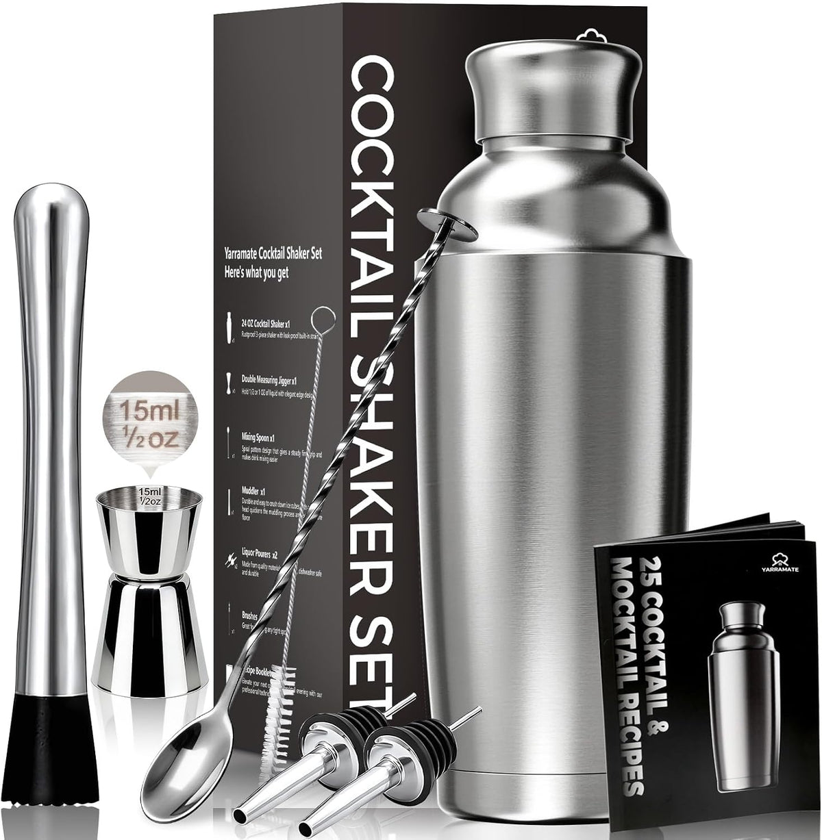 YARRAMATE 8-Pcs 24 oz Cocktail Shaker Set with Built-in Stra