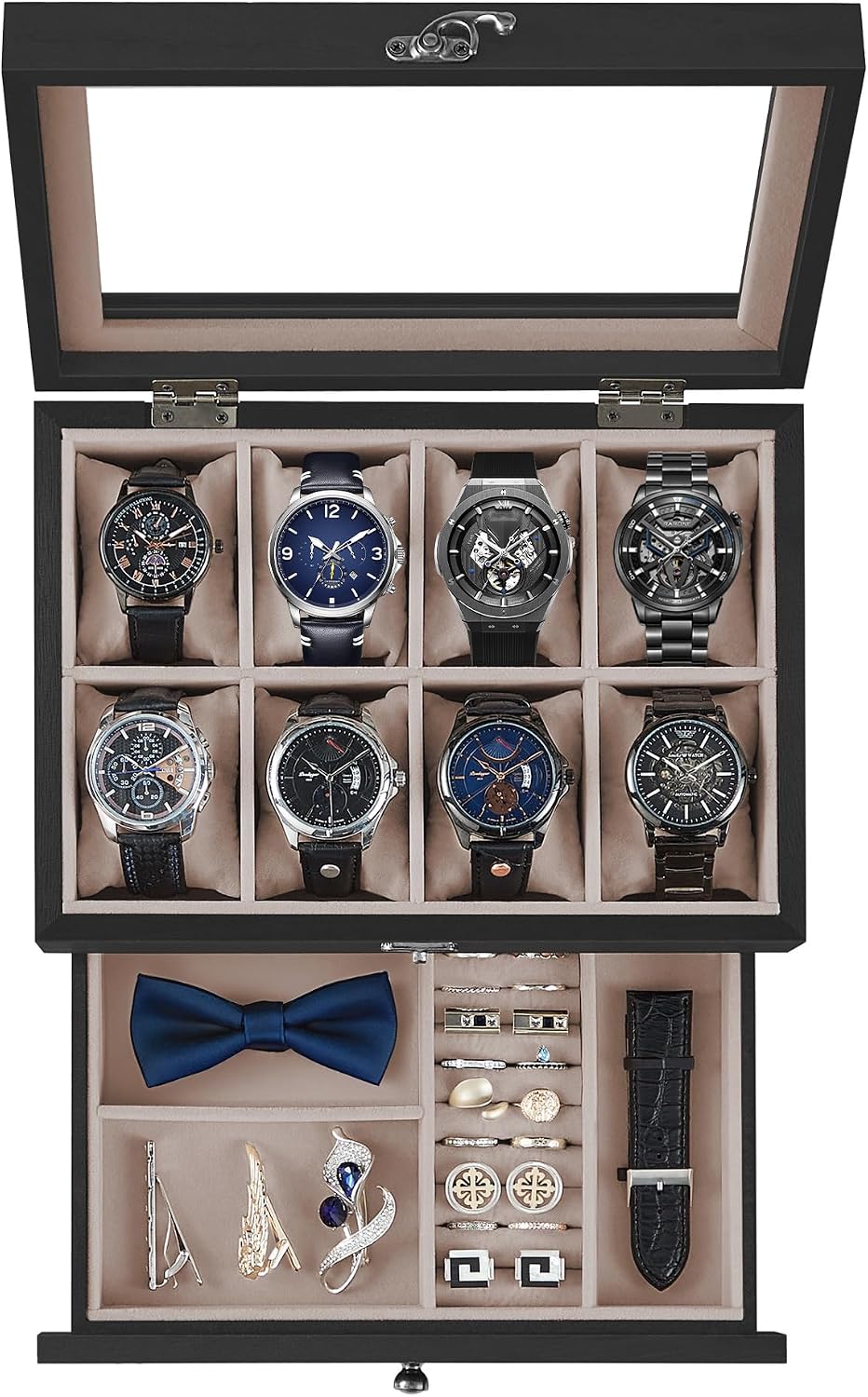 SONGMICS 8 Compartment Solid Wood Watch Box with Glass Lid