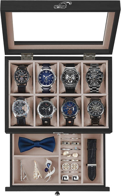 SONGMICS 8 Compartment Solid Wood Watch Box with Glass Lid