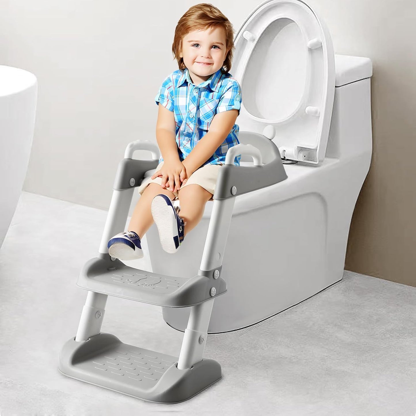 Toilet Potty Training Seat with Step Stool Ladder, Comfortable Safe Potty Seat with Anti-Slip Pads Ladder for Kids Boys Girls Toddlers (Grey)