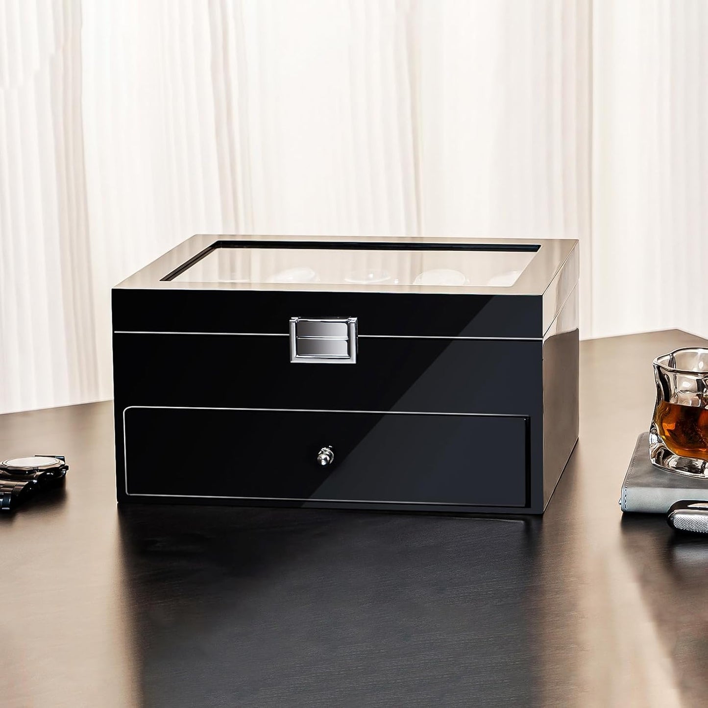 Lacquered Finish Wooden Men's Jewelry Box, Watch and Sunglasses Box Organizer for Men, 2-Tier Watch Holder Display Cases with Clear Glass Top and Storage Drawer