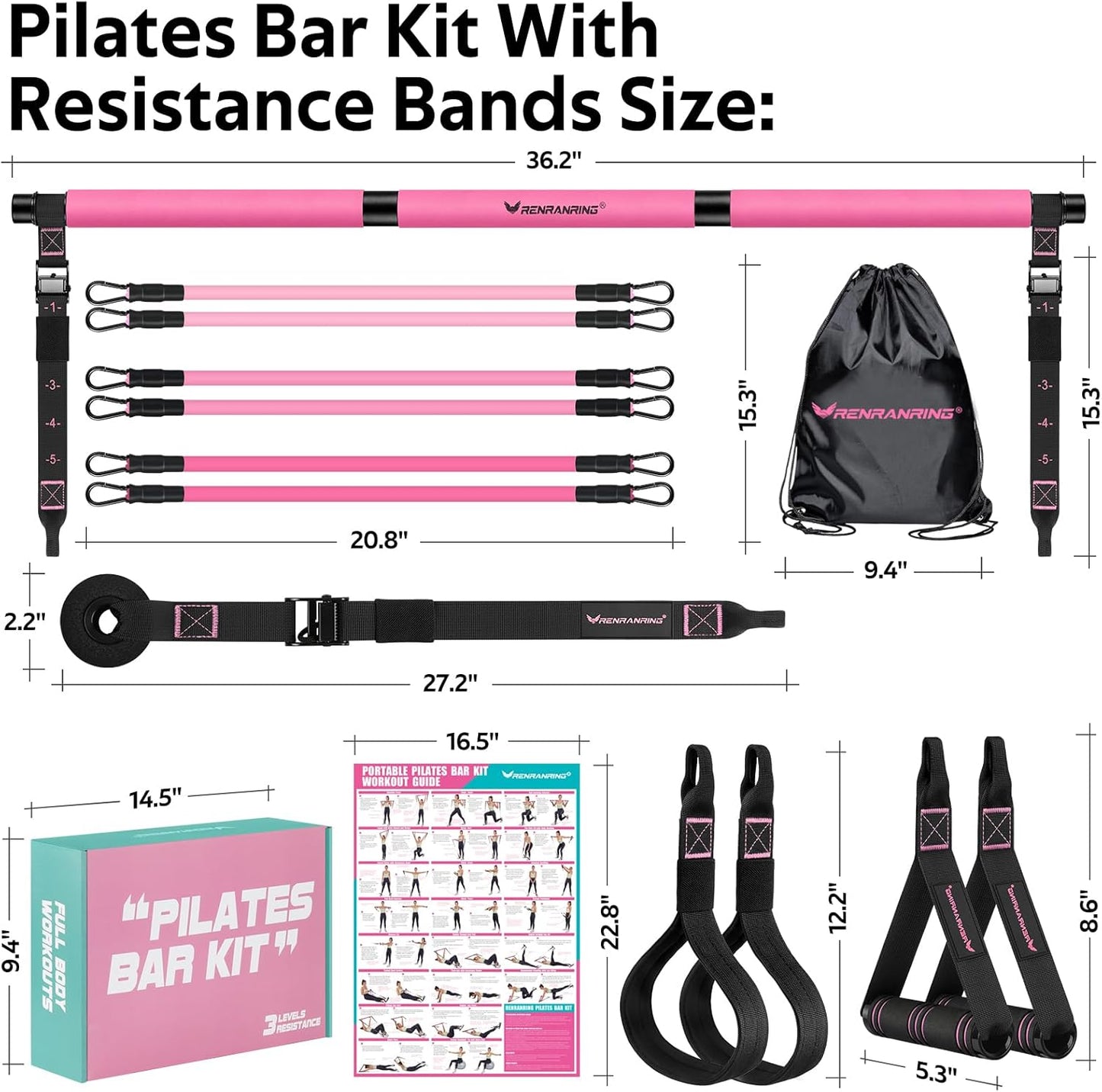 Pilates Bar Kit with Resistance Bands, Multifunctional Yoga Pilates Bar with Heavy-Duty Metal Adjustment Buckle for Women & Men, Home Gym Pilates Resistance Bar Kit forFull Body Workouts