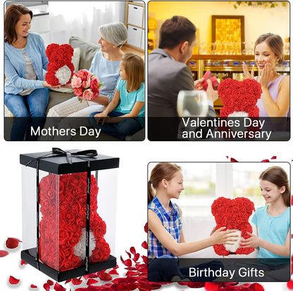 Flower Rose Bear Gifts for Mom Grandma on Mothers Day from Daughter, Artificial Rose Teddy Bear with box and balloons Gifts for Valentines Day Birthday Anniversary Presents for Her Wife Sister (Red)