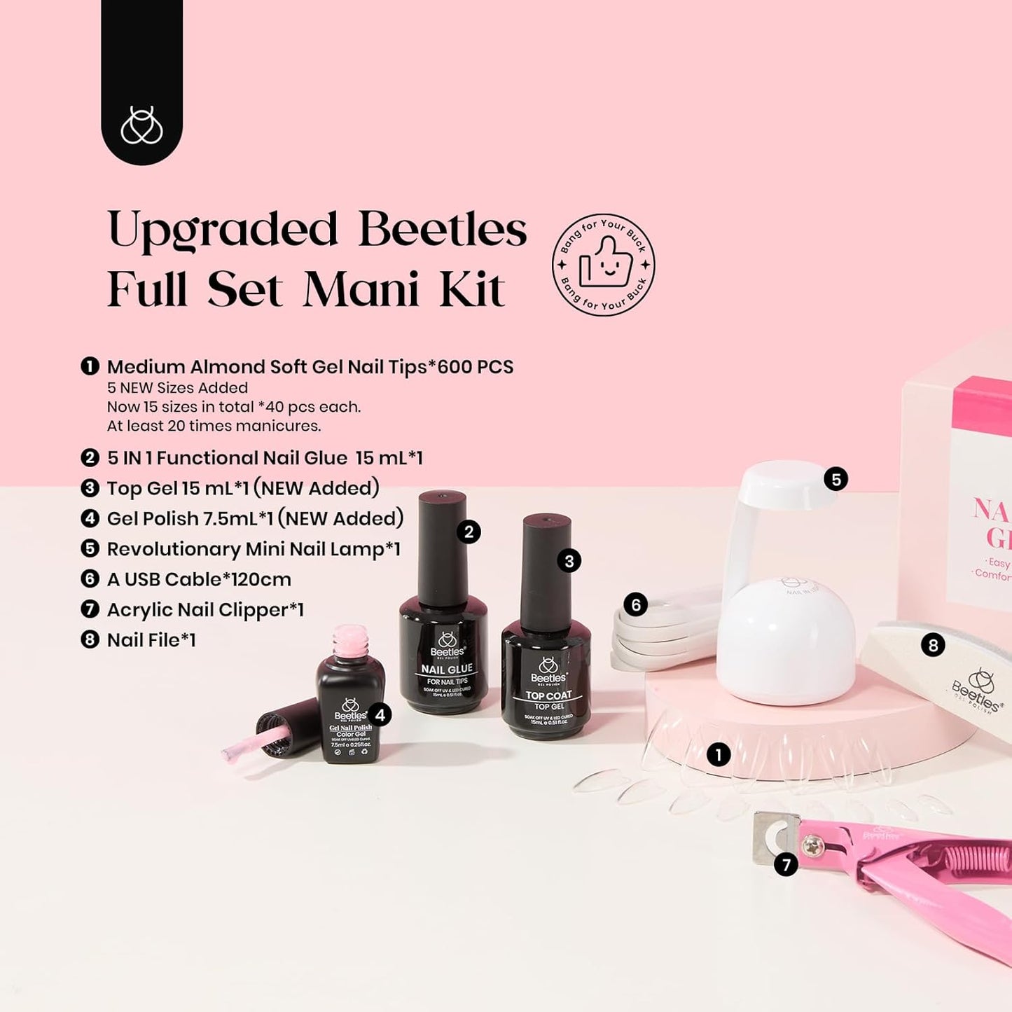 Beetles Easy Gel Tips Nail Extension Kit, 2 In 1 Nail Glue Gel Base Coat with Pre-shaped Medium Almond Nails and UV LED Nail Lamp Acrylic Nail Clipper for DIY Manicure