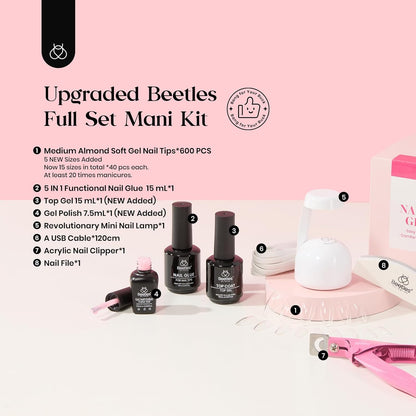 Beetles Easy Gel Tips Nail Extension Kit, 2 In 1 Nail Glue Gel Base Coat with Pre-shaped Medium Almond Nails and UV LED Nail Lamp Acrylic Nail Clipper for DIY Manicure