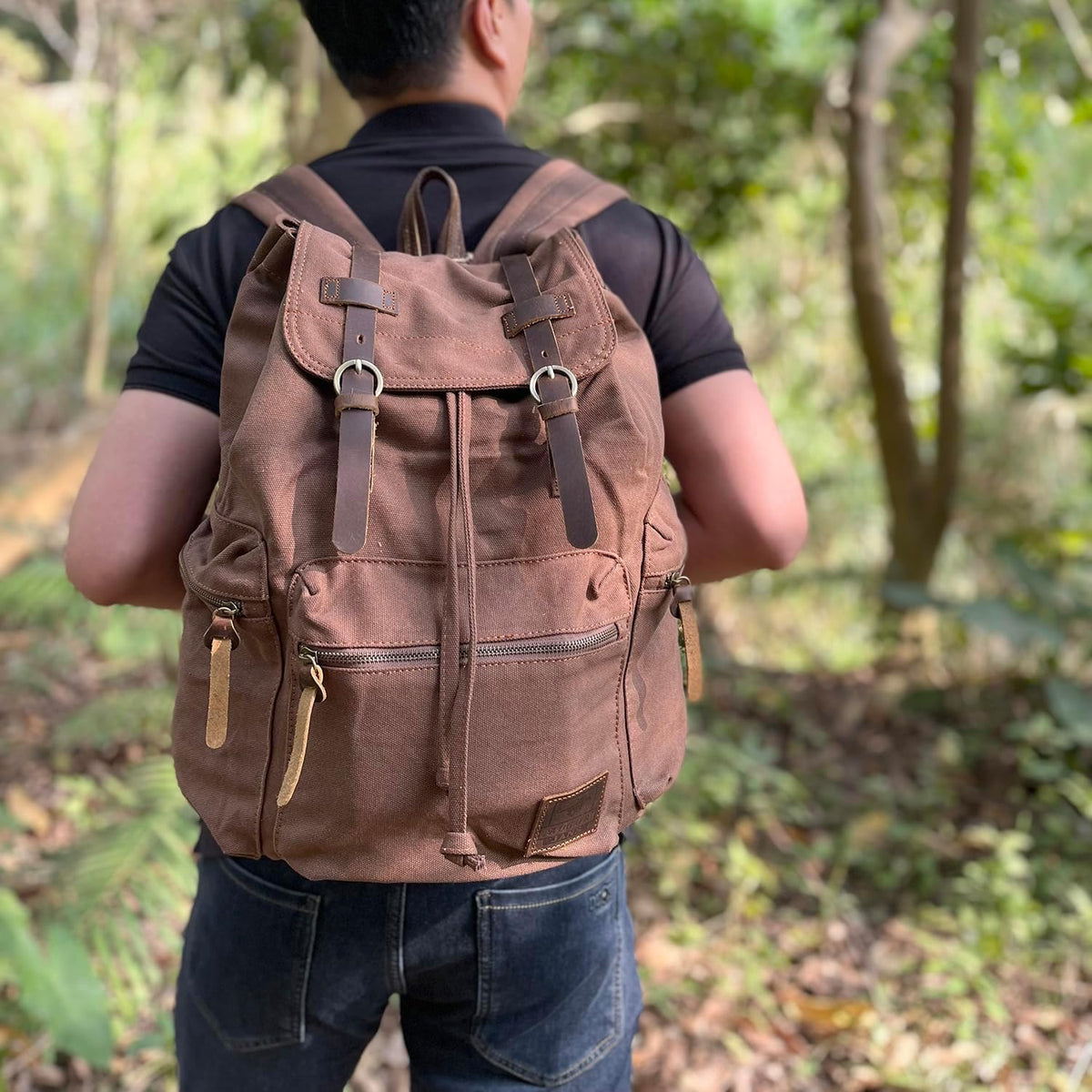 AUGUR Vintage Canvas Leather Backpack Large Laptop Rucksack 