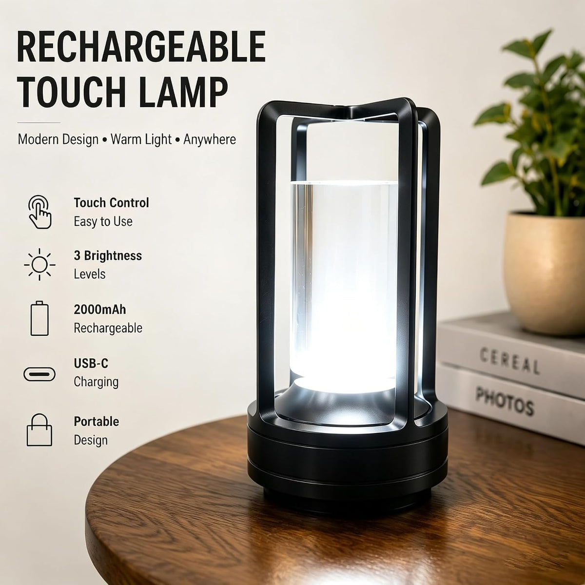 Cordless Table lamp Rechargeable Portable Metal Touch Small 