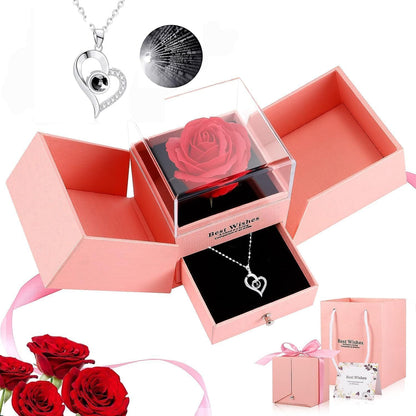 Preserved Eternal Rose & "I Love You" Heart Necklace Gift Box
