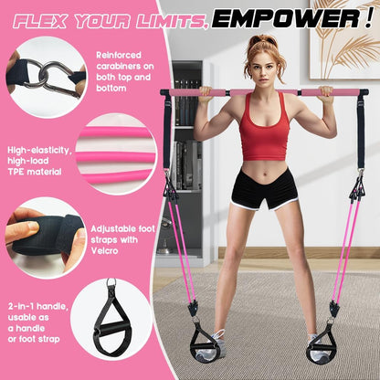 Pilates Bar Kit with 180LBS Resistance Bands(20,30,40 LB),21PCS Pilates Equipment Exercise Bar with Ab Roller, Portable Home Gym Fitness Pilates Bar for Women & Men