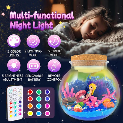 SPANKAR Mermaid Toys for Girls,Kids Light UP Terrarium Kit,LED Night Light with Remote,DIY Science Kit,Crafts for Girls 4-6-8-10-12,Best Easter Birthday Gifts Decorations for Kids Age 3-10 Year Old
