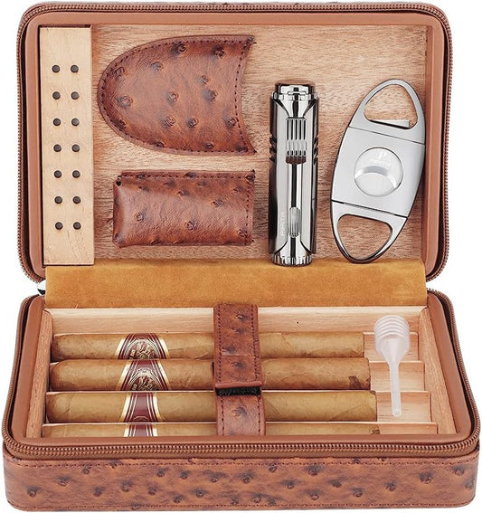 PIPITA Portable Travel Humidor,Elegant Leather Cigar Humidor Cedar Wood Lined for 4 Cigars with Humidifier Cigar Lighter and Cutter (Cigars not Included)