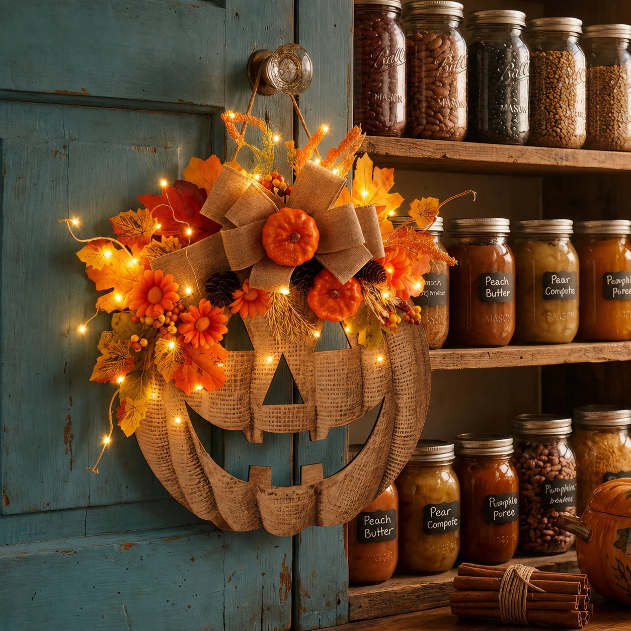 Lighted Burlap Pumpkin Wreath — Halloween Front Door Decor 16