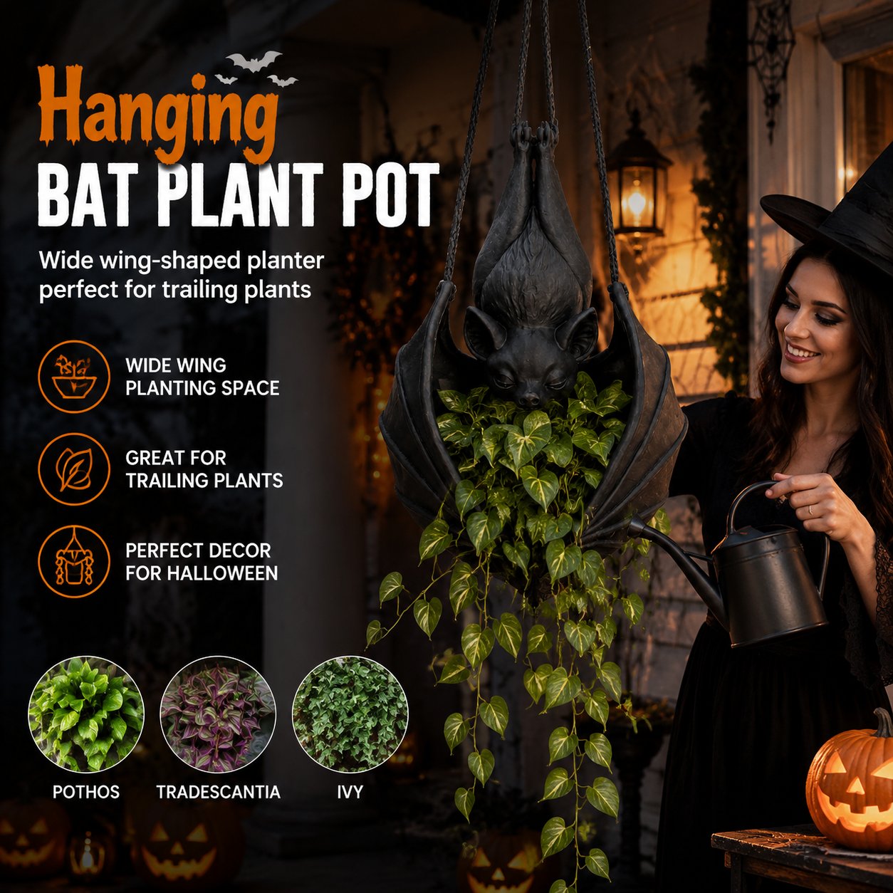 Hanging Bat Plant Pot — Gothic Halloween Planter 10