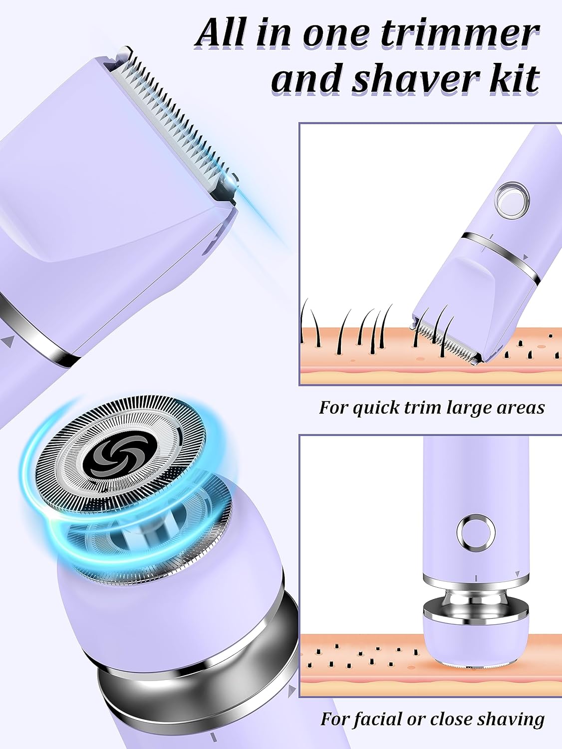 Bikini Trimmer and Shaver Kit for Women - 2-in-1 Wet/Dry Electric Body Hair Trimmer Facial Hair Removal Cordless Waterproof Bikini Shaver Razor for Face Lip Chin Pubic Underarm Legs