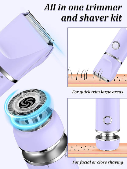 Bikini Trimmer and Shaver Kit for Women - 2-in-1 Wet/Dry Electric Body Hair Trimmer Facial Hair Removal Cordless Waterproof Bikini Shaver Razor for Face Lip Chin Pubic Underarm Legs