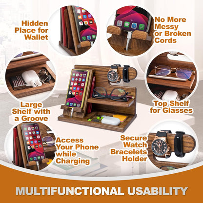 Wood Phone Docking Station - Nightstand Organizer - Desk Organizer for Husband - Gifts for Men, Dad - Idea for Anniversary from Wife - Key Holder - Stand Wallet & Watch (Beige)