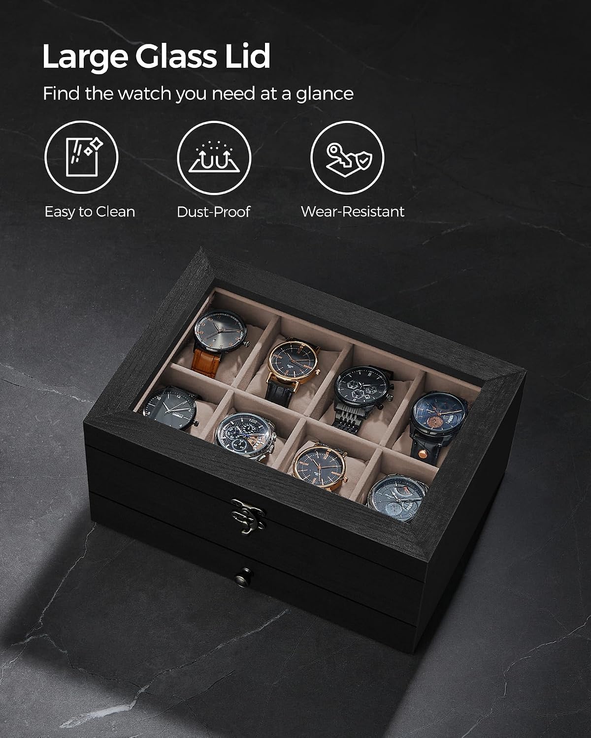 SONGMICS 8 Compartment Solid Wood Watch Box with Glass Lid