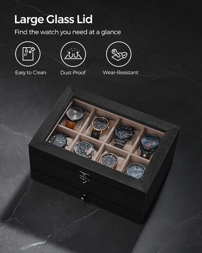 SONGMICS 8 Compartment Solid Wood Watch Box with Glass Lid